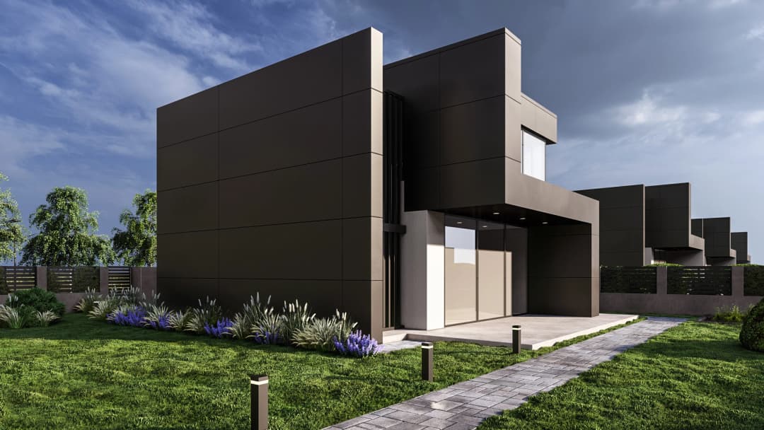 Moderná kancelária v minimalistickom štýle s elegantnými pracovnými stolmi a prírodnými materiálmi.