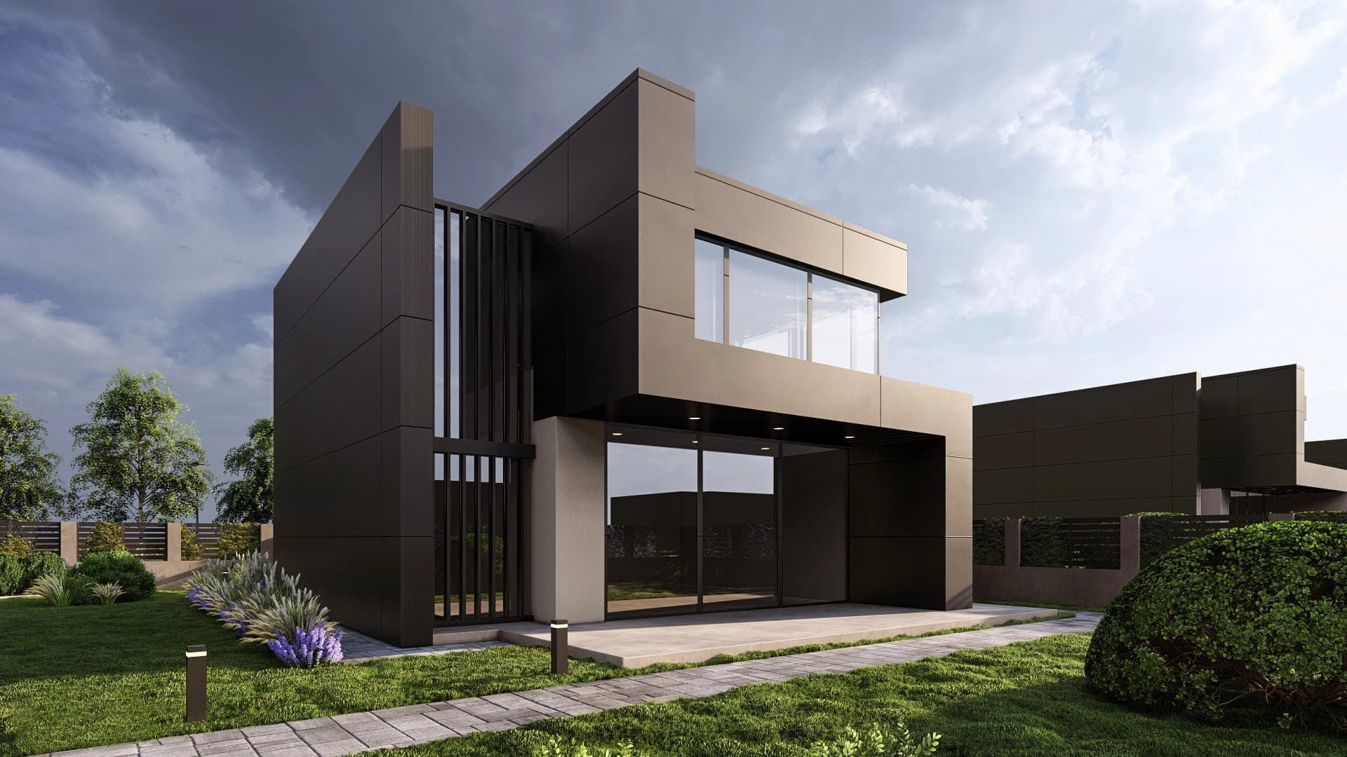 Moderná kancelária v minimalistickom štýle s elegantnými pracovnými stolmi a prírodnými materiálmi.