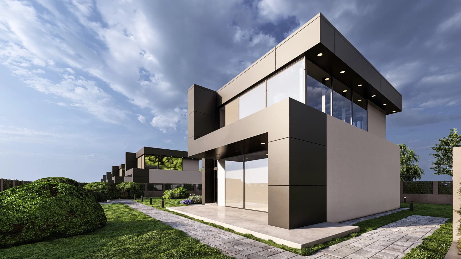 Moderná kancelária v minimalistickom štýle s elegantnými pracovnými stolmi a prírodnými materiálmi.